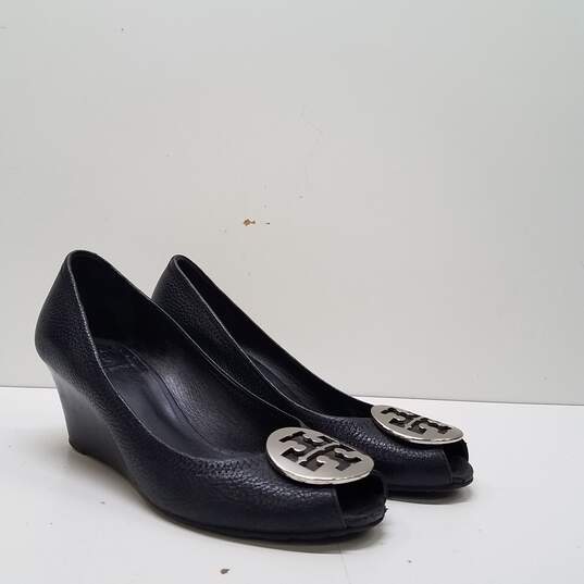 Tory Burch Women's Size 9 Black Leather Wedged Heel Sandals