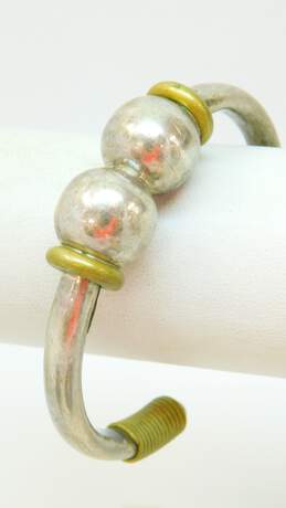 Taxco Mexico 925 & Brass Two Ball Orbs & Coils Chunky Cuff Bracelet
