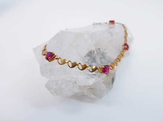 10K Yellow Gold Faceted Ruby Hearts Linked Chain Bracelet 3.0g image number 2