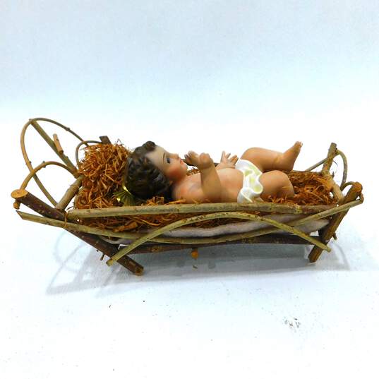 Vintage Nativity Baby Jesus Figurine W/ Glass Eyes & Twig Manger Christmas Spain image number 5