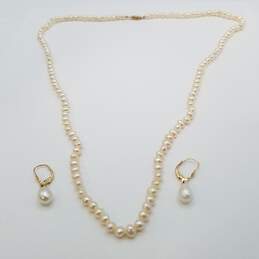 14K Gold FW Pearl 25in Necklace W/Dangle Earring Bundle 2pcs 23.2g