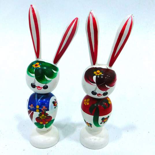 Vintage Kokeshi Wooden Hand Painted Bunny Rabbit Bobblehead Dolls image number 1