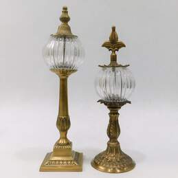 Vintage Crystal Sphere with Ornate Brass Stand and Finial Set of 2