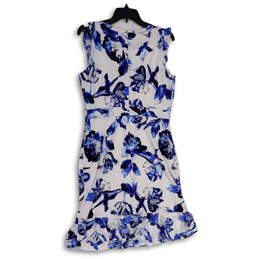 Womens White Blue Floral Ruffle Hem Round Neck Back Zip Sheath Dress Size 8 alternative image
