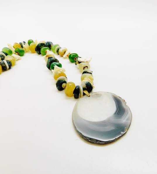 VTG Miriam Haskell Grey Banded & Moss Agate & Shell Beaded Pendant Necklace image number 2