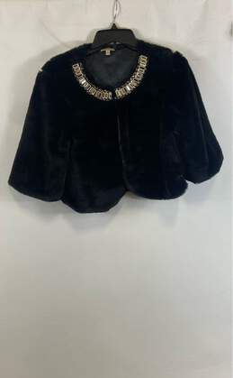 Haani Womens Black Faux Fur Jeweled Neckline Cropped Cape Size Large