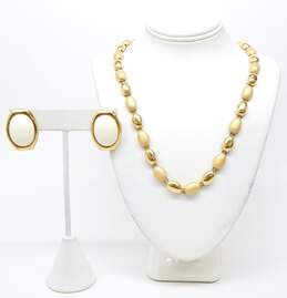 Trifari Goldtone Brushed Ovals Linked Necklace & White Cabochon Post Earrings
