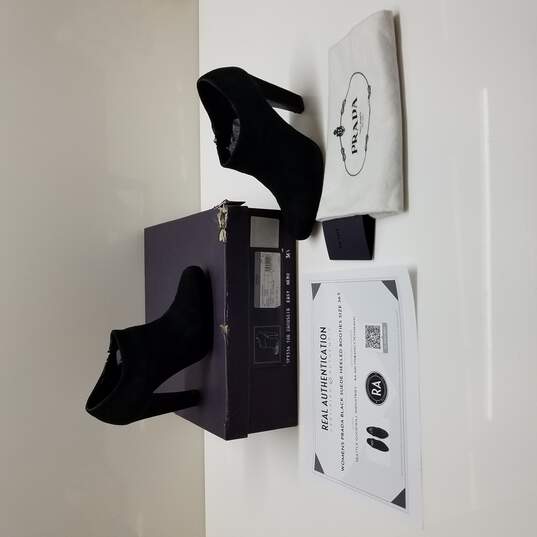 Buy the Women's Prada Calzature Donna Black Suede Heel Booties Size  w/  Box | GoodwillFinds