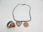 Rustic 925 Wavy Textured Heart Pendant Cord Necklace & Modernist Amber Cabochons Bypass Band Ring 15.8g image number 1