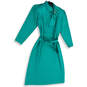 Womens Green Tie Neck Waist Belted Long Sleeves A-Line Dress Size 14 image number 1