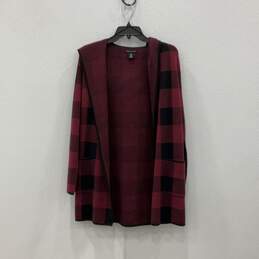 NWT Adrienne Vittadini Womens Red Black Check Hooded Cardigan Sweater Size S
