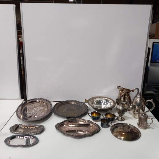 Silver Plated Platters, Teapots, & Cups Assorted 14pc Lot image number 2