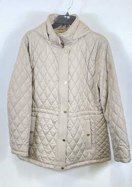 Michael Kors Womens Beige Quilted Pockets Long Sleeve Hooded Puffer Jacket Sz XL