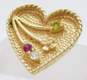 Romantic 14k Yellow Gold Peridot Ruby & CZ Flower Heart Pendant Brooch Necklace 5.3g image number 4