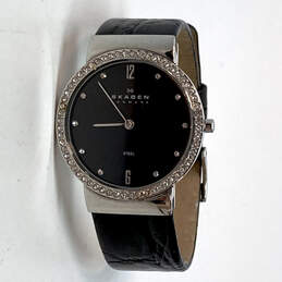 Designer Skagen 644LSLB4 Black Leather Rhinestone Round Analog Wristwatch