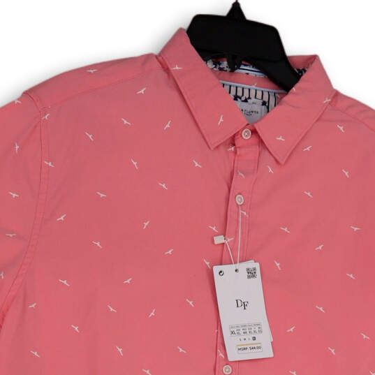 Buy the NWT Mens Pink Bird Print Short Sleeve Collared Button-Up