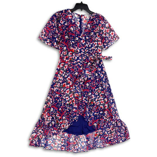 NWT Womens Blue Pink Floral Surplice Neck Hi-Low Hem Back Zip Wrap Dress Size 4 image number 1