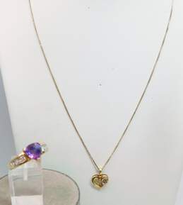 Vermeil 925 Ruby & Diamond Heart Pendant Necklace & Purple Sapphire & CZ Ring