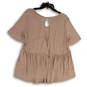 NWT Womens Beige Short Sleeve V-Neck Keyhole Back Blouse Top Size Small image number 2
