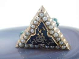 Vintage 10K Gold Tri Sigma Seed Pearls & Black Enamel Skull & Crossbones Triangle Pin Frat Pin 2.8g alternative image