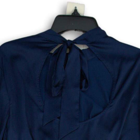 NWT Womens Navy Blue Mock Neck Long Sleeve Cut-Out Back Blouse Top Size S image number 4