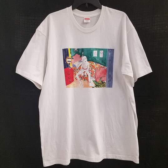 Mens White Cotton Crew Neck Short Sleeve Pullover Graphic T-Shirt Size XL image number 1