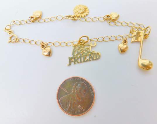 14K Yellow Gold Sunflower Best Friend Heart & Music Note Charm Bracelet 4.5g image number 4