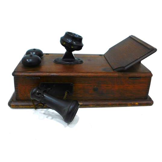 Antique Kellogg Dark Oak Wood Hand Crank Wall Telephone w/ Internals image number 3