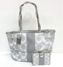 COACH 13280 Gray Silver Signature Canvas Tote Bag