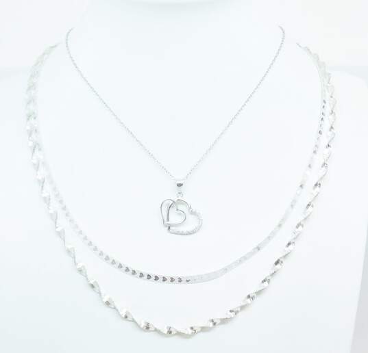 Bright Sterling Silver CZ Heart Pendant Herringbone Twisted Chain Necklaces 17.3g image number 2