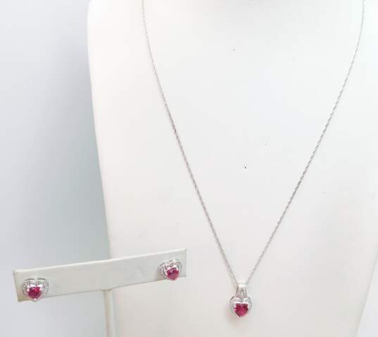 925 Heart Cut Ruby & Diamond Accent Stud Earrings & Pendant Necklace Set image number 1