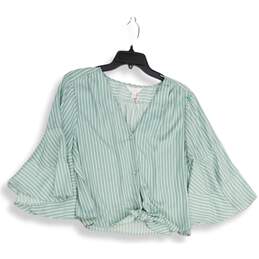 Lauren Conrad Womens Teal White Striped Bell Sleeve Blouse Top Size XL