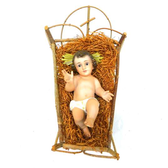 Vintage Nativity Baby Jesus Figurine W/ Glass Eyes & Twig Manger Christmas Spain image number 2