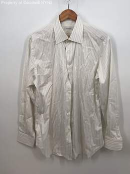 Ermenegildo Zegna Men's Long Sleeved Button Down Shirt-White/Striped-Sz 43/17