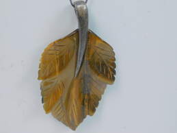 WK Whitney Kelly & Artisan 925 Tigers Eye Carved Leaf Statement Pendant Necklace & Inlay Hinged Drop Post Earrings 22g alternative image