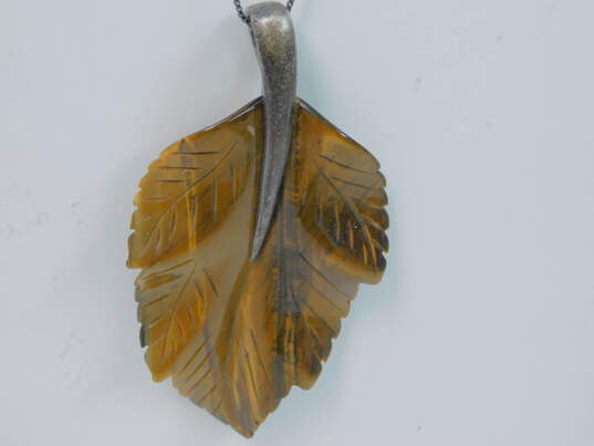 WK Whitney Kelly & Artisan 925 Tigers Eye Carved Leaf Statement Pendant Necklace & Inlay Hinged Drop Post Earrings 22g image number 2