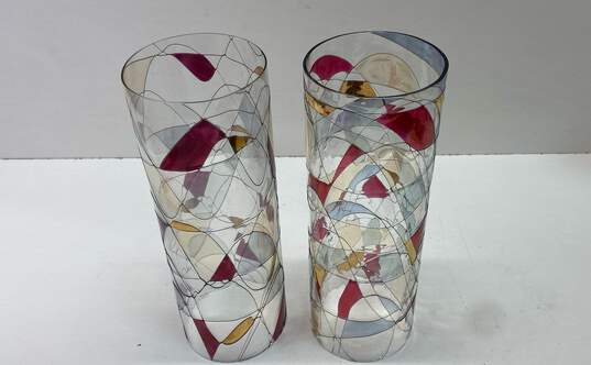 FOSTORIA Galleria Hurricane Shades Abstract Mosaic Art Glass 2pc Set image number 3