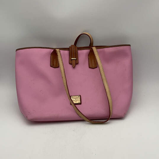 Womens Pink Brown Leather Inner Pocket Bottom Studded Zipper Tote Bag image number 1