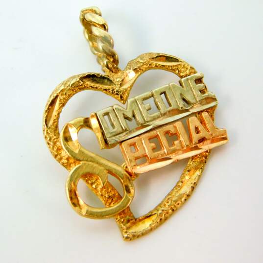 14k Tricolor Gold Etched 'Someone Special' Open Heart Pendant 1.8g image number 2