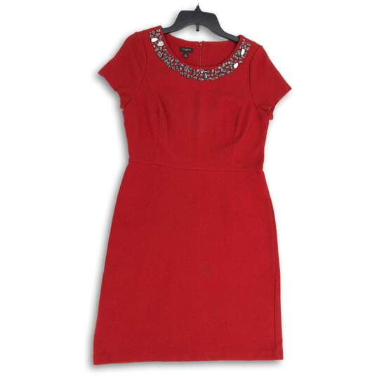 Womens Red Rhinestone Short Sleeve Round Neck Back Zip Sheath Dress Sz 12P image number 1