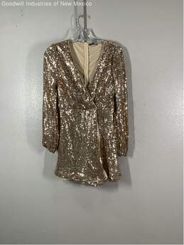 NWT Boohoo Womens Gold 3/4 Sleeve Back Zip Sequin Short Wrap Dress Size 6
