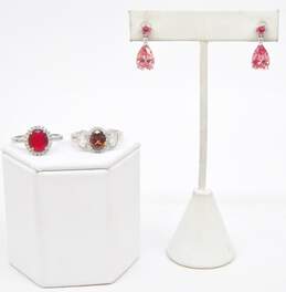 Contemporary 925 Red & Brown Faceted Glass Rings & Pink Cubic Zirconia Earrings