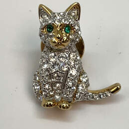 Designer Swarovski Gold-Tone Clear Rhinestone Cat Shape Brooch Pin