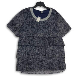 NWT Womens Blue Paisley Ruffle Short Sleeve Pullover Blouse Top Size 3X