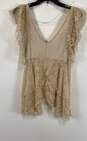 NWT Free People Womens Beige Ruffle Short Sleeve V Neck Lace Blouse Top Size M image number 1