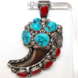 Artisan F Signed Sterling Silver Bear Claw Turquoise & Coral Pendant