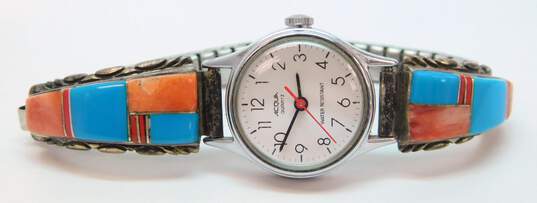Southwestern Artisan 925 Sterling Silver Turquoise Coral & Spiny Oyster Watch Tips On Acqua Watch 22.9g image number 2