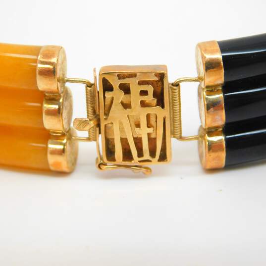 Asian Inspired 14K Yellow Gold Jade & Onyx Panel Bracelet for Repair 29.1g image number 4