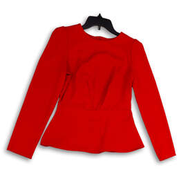 Womens Red Long Sleeve Round Neck Stretch Back Zip Blouse Top Size 0