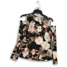 NWT Calvin Klein Womens Multicolor Floral Cold Shoulder Sleeve Blouse Top Size S